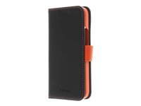 Insmat Exclusive Flip Case - Lommebok for mobiltelefon - ekte skinn, polykarbonat, bomullssting, kartong+papir - svart og oransje - for Apple iPhone 14 Plus 650-3107